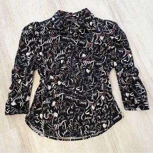 Graffiti Words Top Blouse Ciao Bella Pink Black Hearts Puffed Sleeves